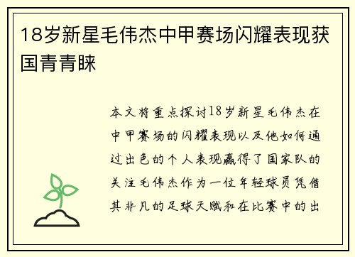 18岁新星毛伟杰中甲赛场闪耀表现获国青青睐 18岁新星毛伟杰中甲赛场闪耀表现获国青青睐